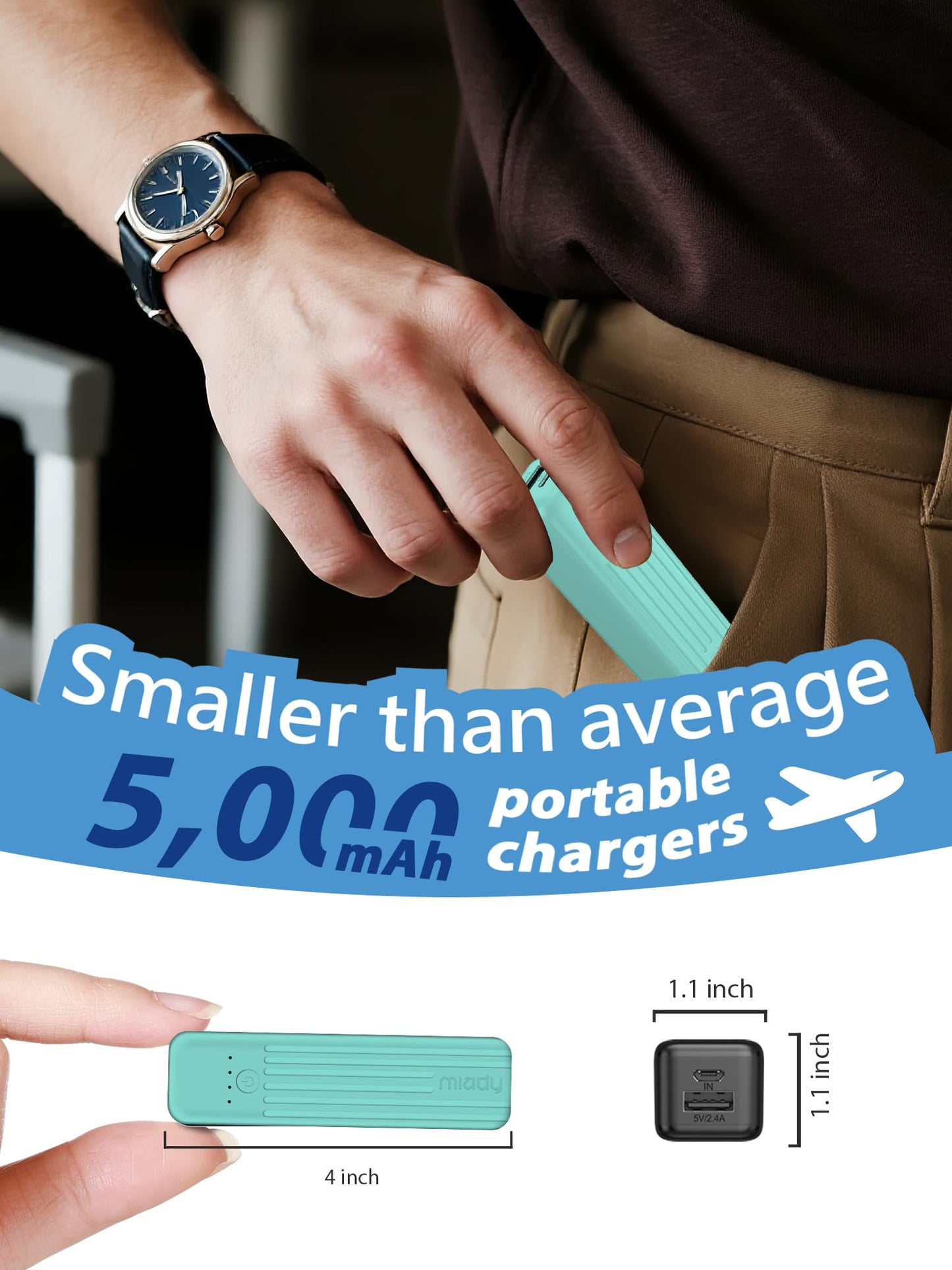 Miady 2-Pack Small Portable Charger, 5000mAh Mini Battery Pack 3.45oz Lightweight Power Bank 5V/2.4A Output & 5V/2A Input Compatible with iPhone, Galaxy, Android etc