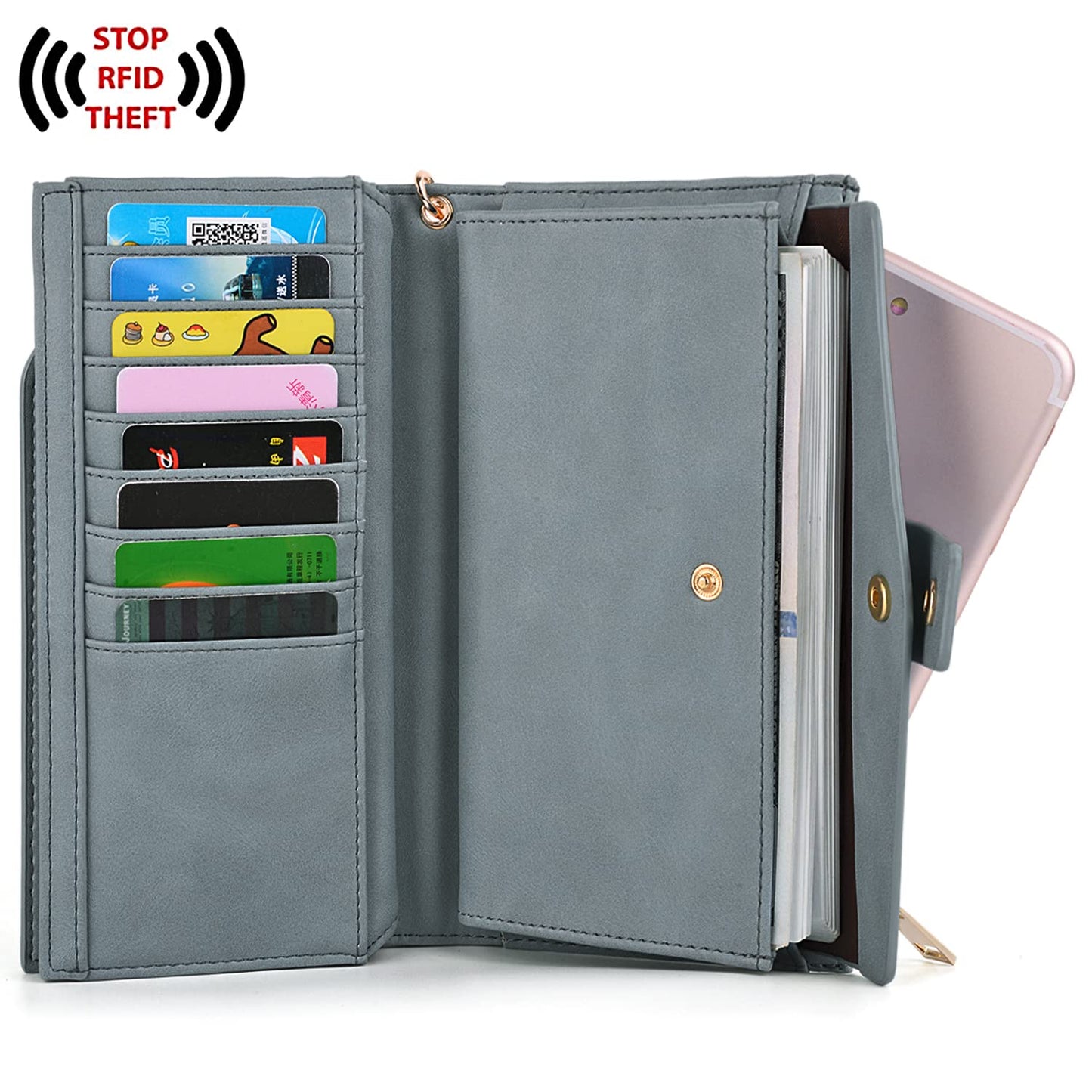 UTO Wallet for Women RFID Blocking Ladies Wristlet Purse 21 Card Slots Phone Pocket Synthetic Leather Grey Blue