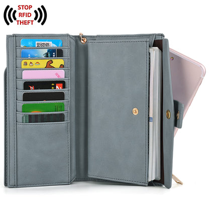 UTO Wallet for Women RFID Blocking Ladies Wristlet Purse 21 Card Slots Phone Pocket Synthetic Leather Grey Blue