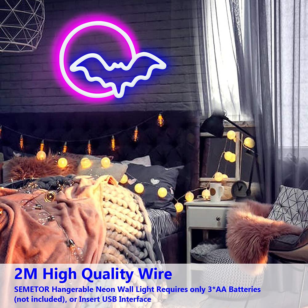 SEMETOR Neon Signs, Moon and Bat LED Neon Lights, Neon Light Sign for Wall USB/Battery Powered Led Neon Sign for wall decor, bedroom, Kids Gift, Living Room, Bar, Party, Christmas, Wedding, Halloween