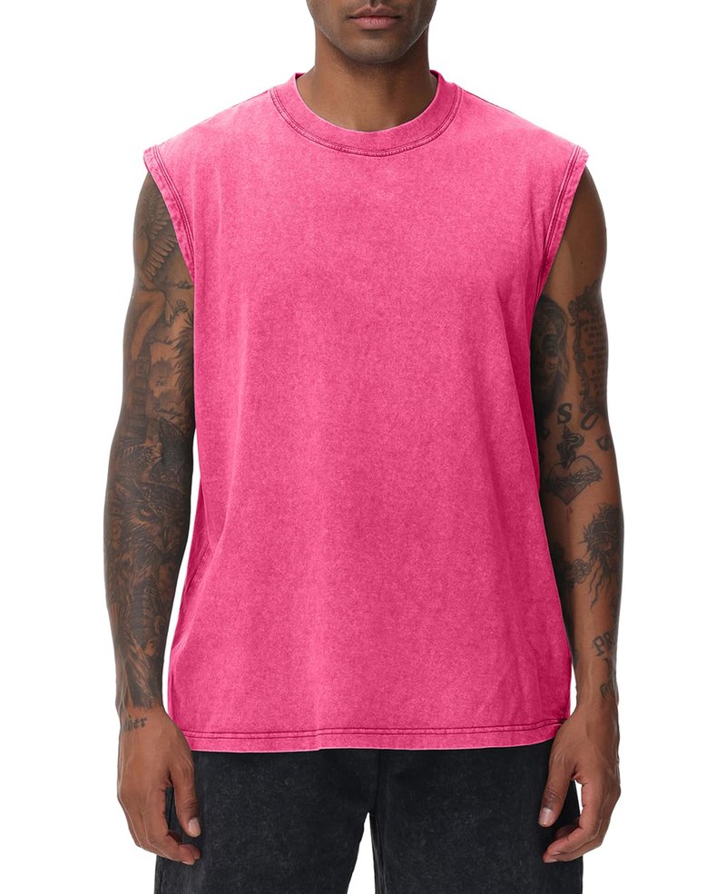 SnowElve Mens Workout Tank Tops Sleeveless Tee Shirts Men Muscle Shirt Gym Acid Wash T Shirts Running Beach Loose Fit Tee(PK,3XL) Pink