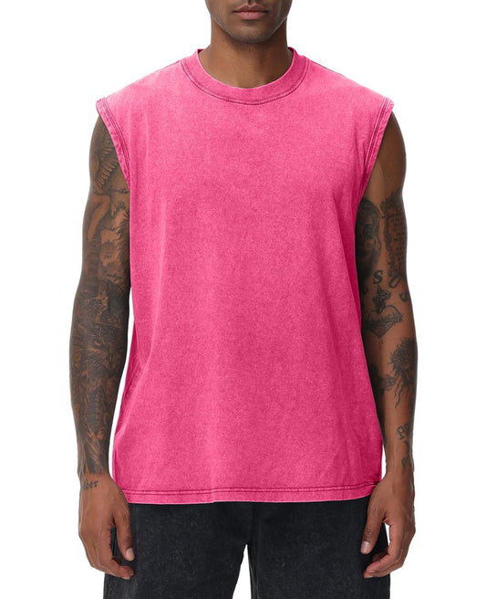 SnowElve Mens Workout Tank Tops Sleeveless Tee Shirts Men Muscle Shirt Gym Acid Wash T Shirts Running Beach Loose Fit Tee(PK,3XL) Pink