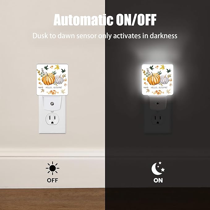 Hello Autumn Night Light, Orange Pumpkins Night Lights Plug into Wall Decor for Bedroom, Bathroom, Hallway, Kitchen, Dusk to Dawn Sensor Nightlights for Boys Girls Women Men Room Gifts