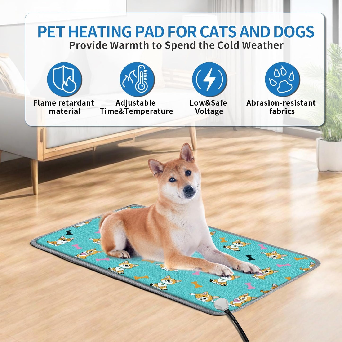 GOLOPET Cat Heating Pad 18x18 in Pet Heating Pad for Cats Waterproof Smart Thermostat Switch, Adjustable, Adding Wire Rope Wires Cat Warming Pad-Blue