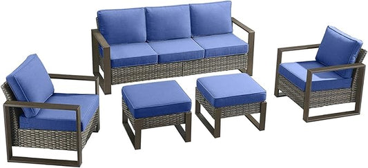 Rilyson Outdoor Wicker Patio Furniture Set - 5 Piece Patio Conversation Set with 2 Wicker Armrest Chairs,2 Rattan Ottoman and 1 Couch,Sturdy Frame,Thick Cushions,Deep Seating(Mixed Grey/Blue)
