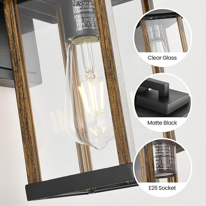 Outdoor Wall Sconce, Dusk to Dawn Outside Porch Light Fixtures, Anti-Rust Exterior Wall Lights in Wood Grain & Black Finish with Clear Glass for Garage Doorway Entryway, 2 Pack