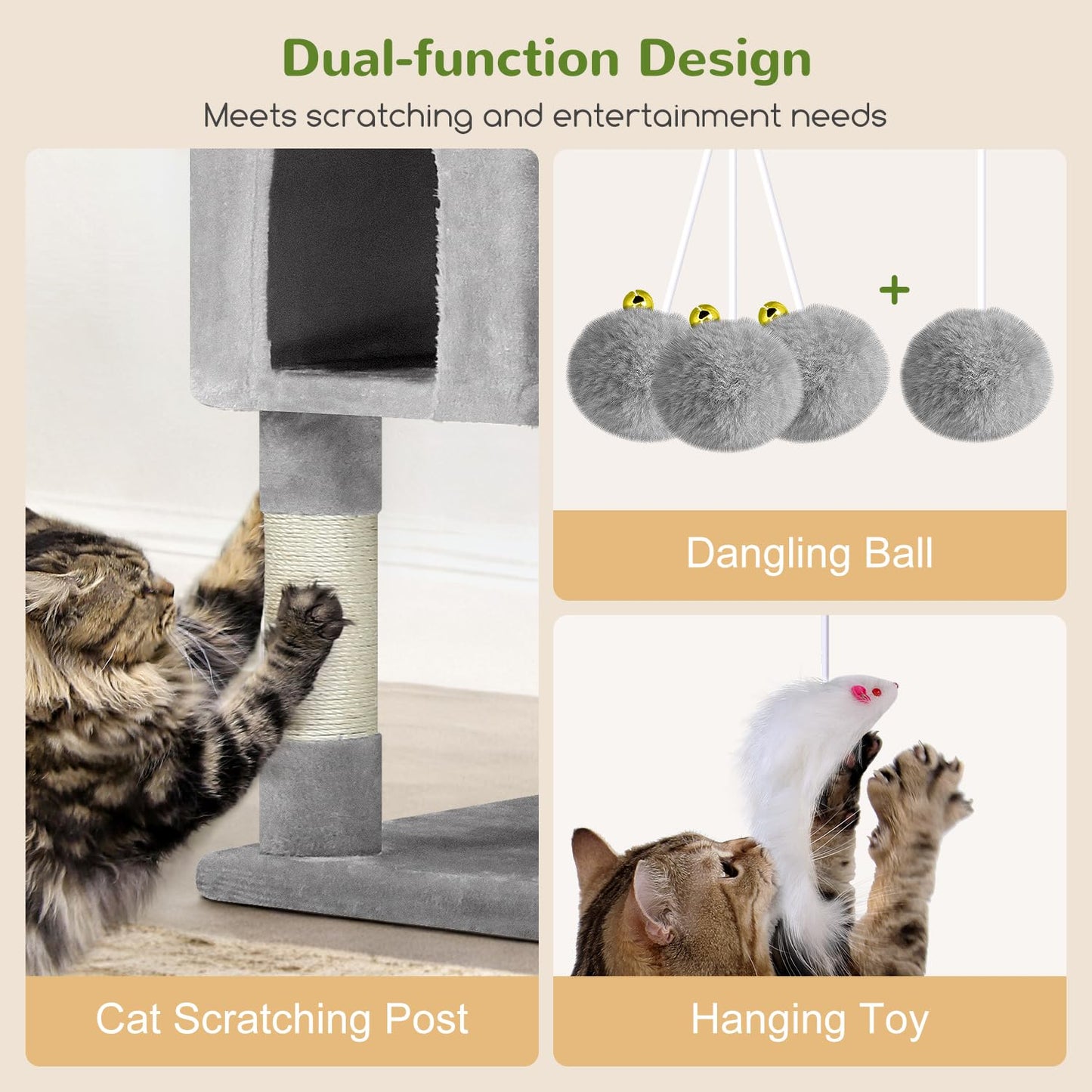 Globlazer Cat Trees and Towers for Multiple Adult Cats, 82-inch XXL Tall Cat Tree Tower for Indoor Cats with Scratching Post, 3 Perches, 2 Condos, 2 Hanging Baskets, F82, Light Grey