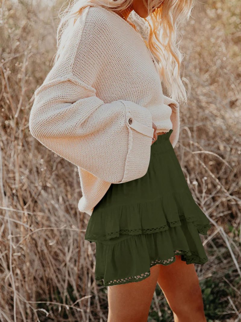 Aoudery Flowy Shorts for Women Casual Boho Ruffle Tiered Skorts High Waist Mini Skirts Golf Tennis Butterfly Crochet Shorts - Oliver Green XS
