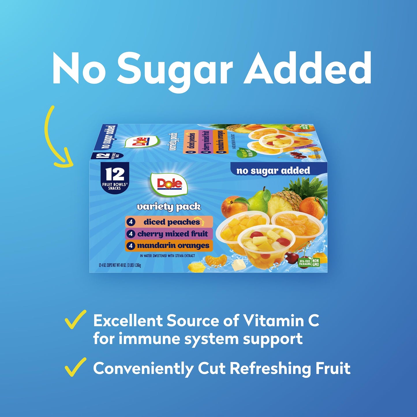 Dole Diced Peaches, Mandarin Oranges, and Cherry Mixed Fruit with No Sugar Added Variety Pack - Dole Fruit Bowls Snacks - 4 oz Bowls - 12 Pack