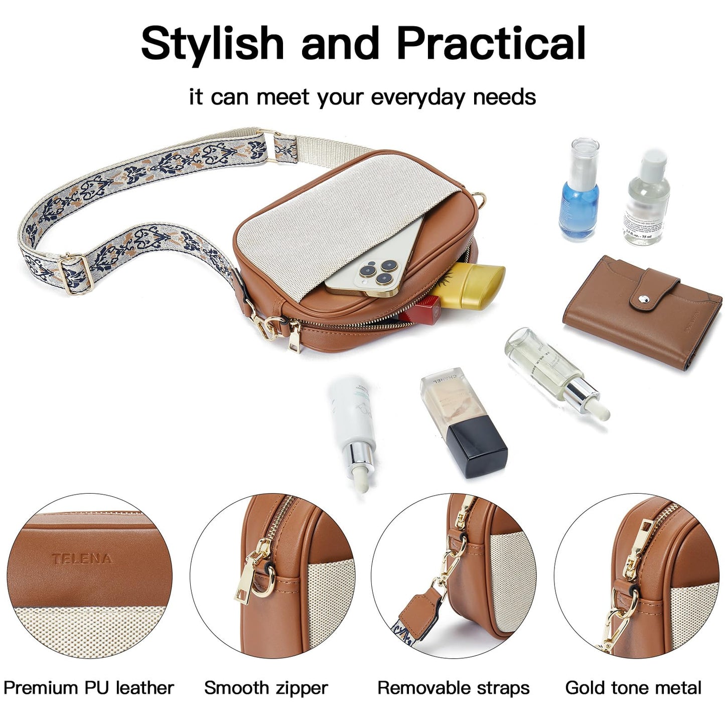 Telena Small Crossbody Bags For Women Vegan Leather Crossbody Purse With Adjustable Wide Strap For Daily Life