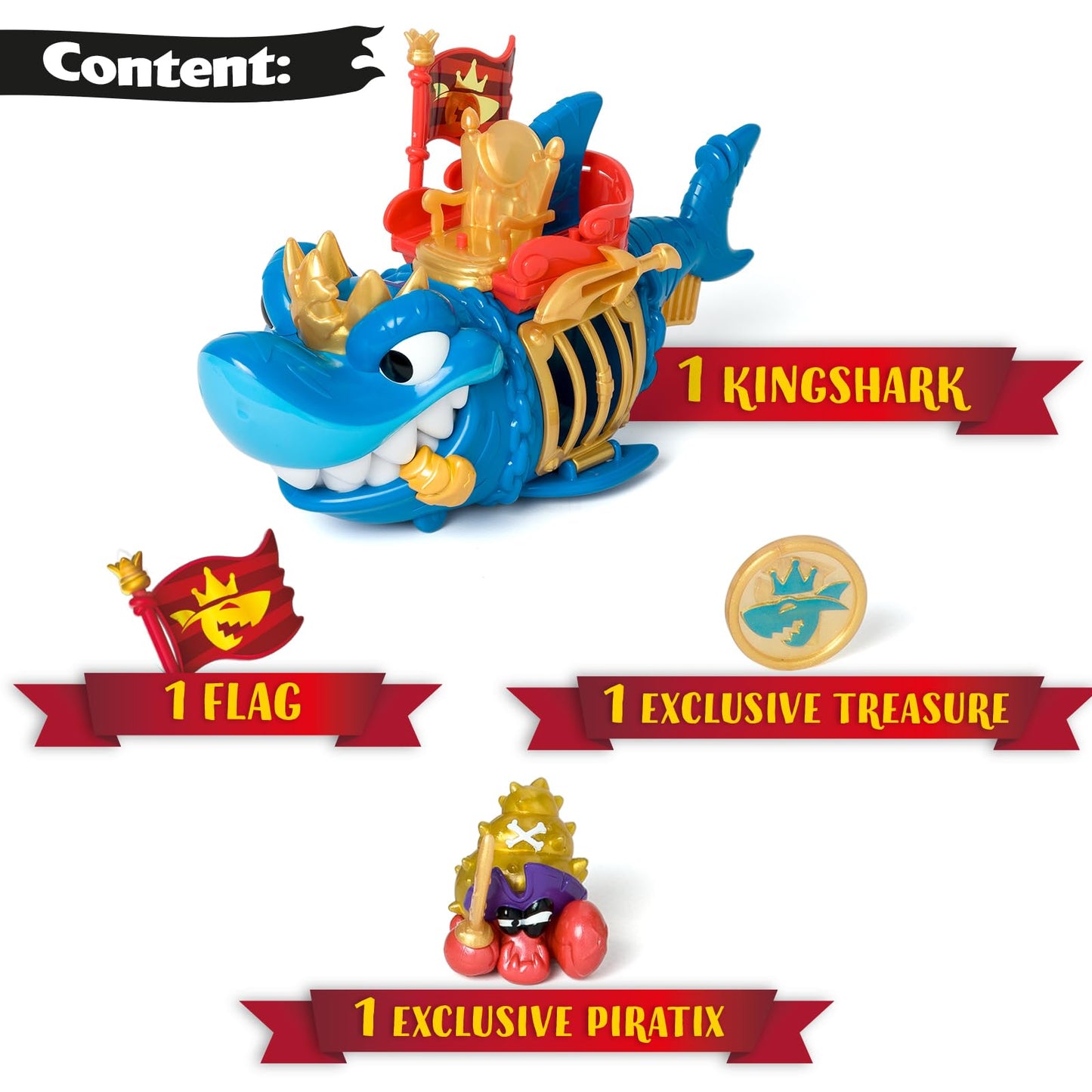 PIRATIX King Shark - Articulated shark, with a cage to capture rival Piratix. Includes 1 shark, 1 exclusive treasure, 1 exclusive Piratix and 1 accessory, Blue