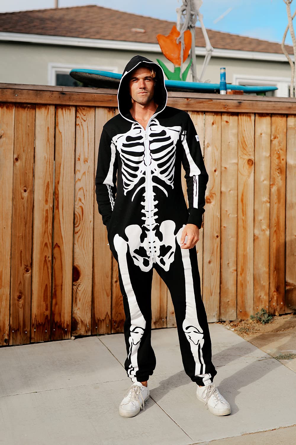 Tipsy Elves Halloween Skeleton Costume for Men - Comfy Adult Skeleton Jumpsuit with Hood - Men's White Bones Jumpsuit Halloween Costume with Full Zip Hood Size Large