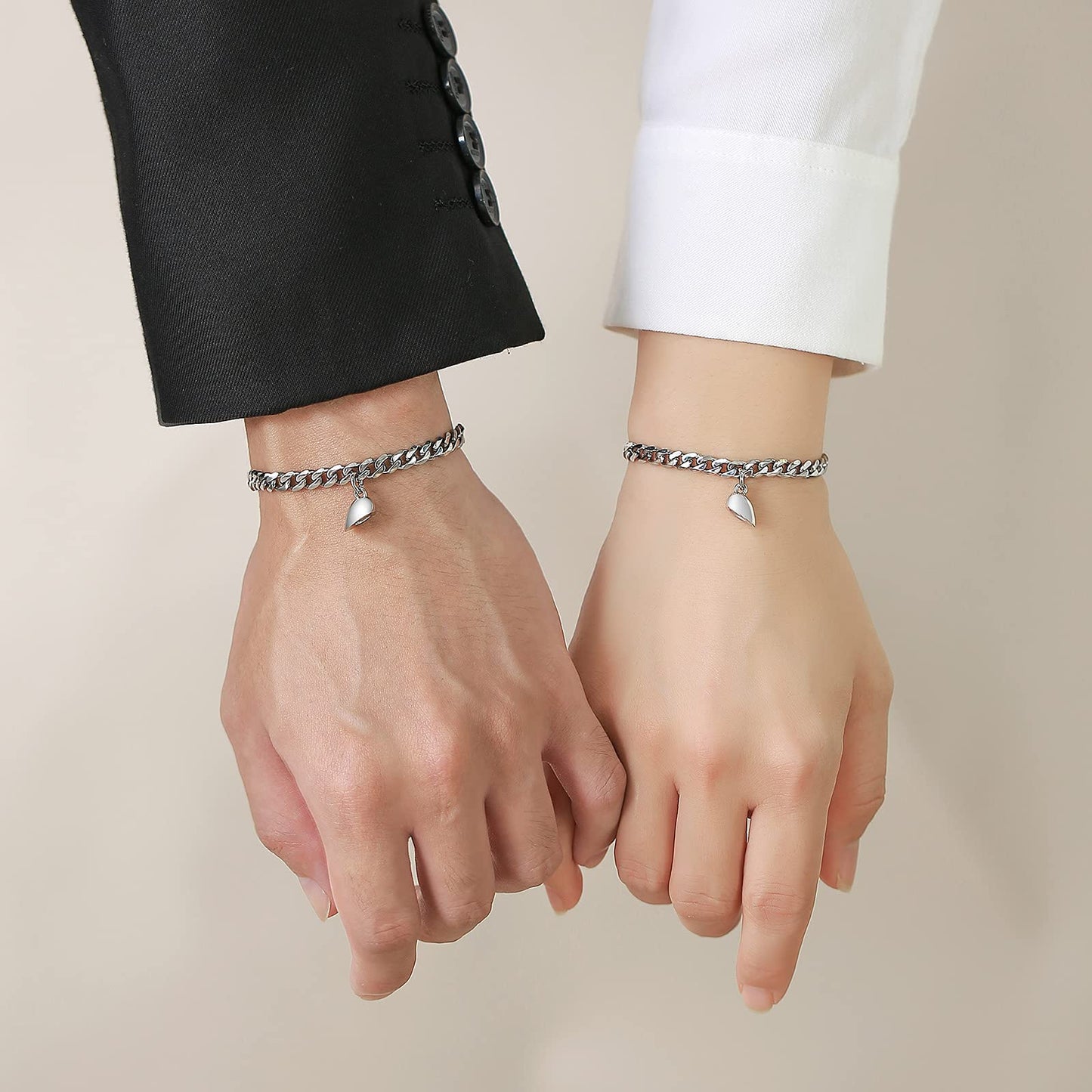 TempBeau 2pcs/Set Couple Bracelet, Relationship Matching Bracelet for Men Women, Stainless Steel Cuban/Figaro Chain BFF Promise Bracelet, Gifts for BF GF Him Her