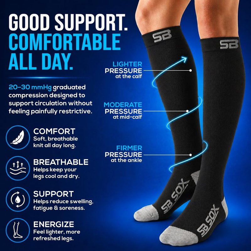 SB SOX Compression Socks for Men & Women (20-30mmHg) – Best Compression Socks for Flying, Medical, Sports, Wide Calf Fit, and Daily Wear (Black/Gray, Large)