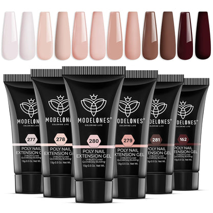 modelones Poly Gel Nail Kit 6 Colors with 8 W Nail Lamp Extension Gel Kit Jelly Milky White Pink Nude Complete Tools Beginner Thickening Solutions DIY at Home for Women