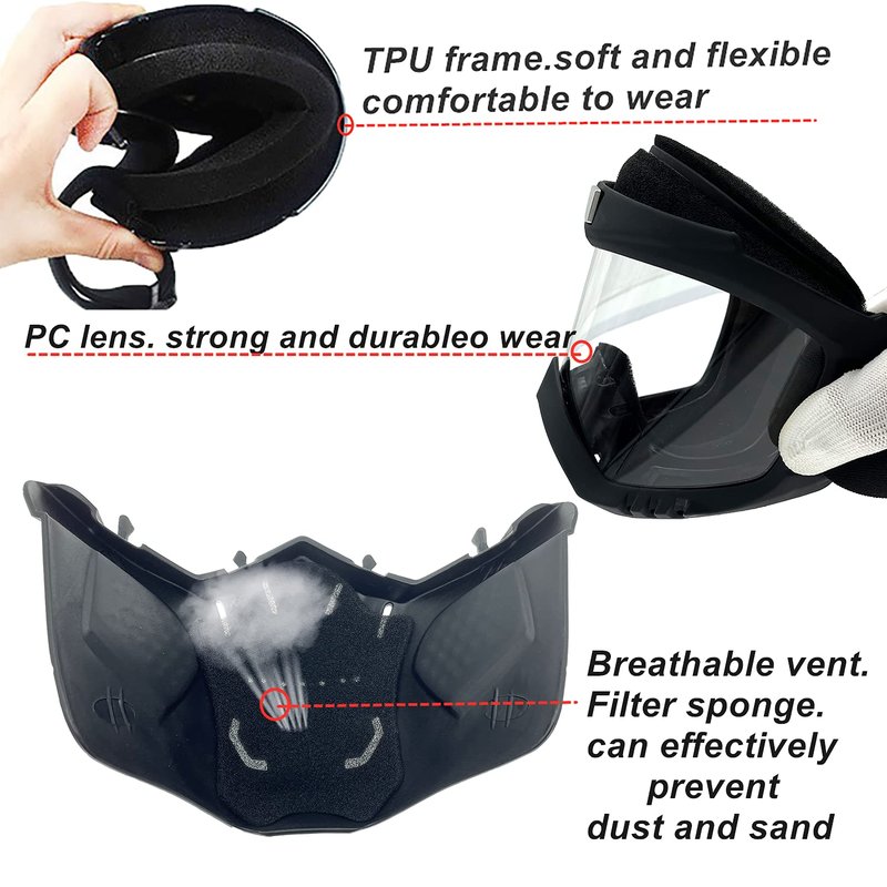 LJDJ Motorcycle Goggles with Removable Face Mask - Dirt Bike ATV Motocross Eyewear Anti-UV Adjustable MX Riding Offroad Cycling Motorbike Protective Glasses Racing Combat Tactical Military Goggles