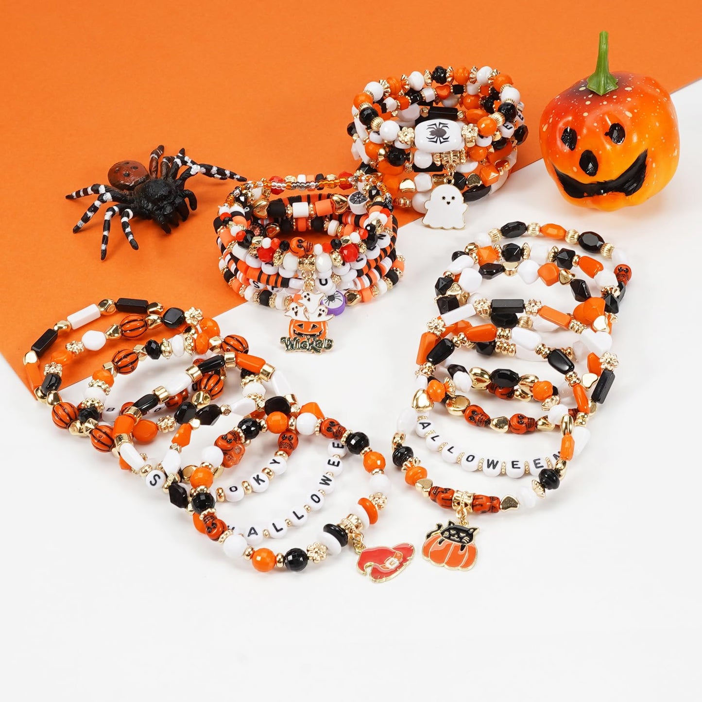 Twinfree 4 Sets Halloween Stretch Bracelets for Women, Pumpkin Ghost Cat Bat Design Beaded Bracelet