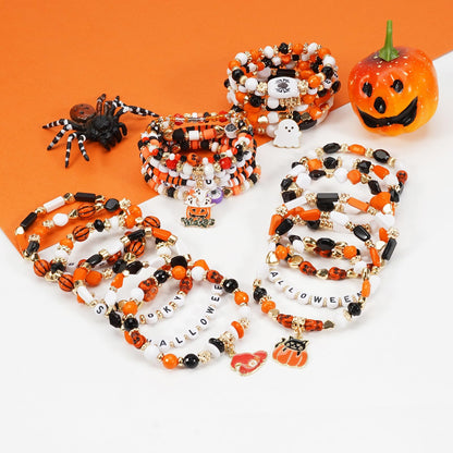 Twinfree 4 Sets Halloween Stretch Bracelets for Women, Pumpkin Ghost Cat Bat Design Beaded Bracelet