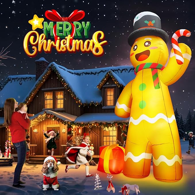 12FT Giant Christmas Inflatables Gingerbread Man Built-in Bright LED Light, Huge Christmas Decorations Outdoor Hold Candy Cane & Gift Large Christmas Blow Up Yard Decoration for Xmas Holiday Party