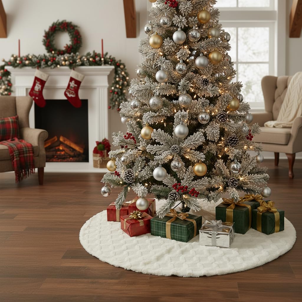 AISENO 48 Inch Christmas Tree Skirt Faux Fur with Cable Knit Knitted Thick Decoration for Merry Christmas Decorations