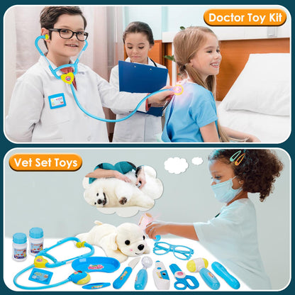 BUYGER 16 Pcs Kids Childs Toy Doctor Sets, Role Play Toys for 3 Year Old Boys, with Lights and Sounds, Gift, Blue
