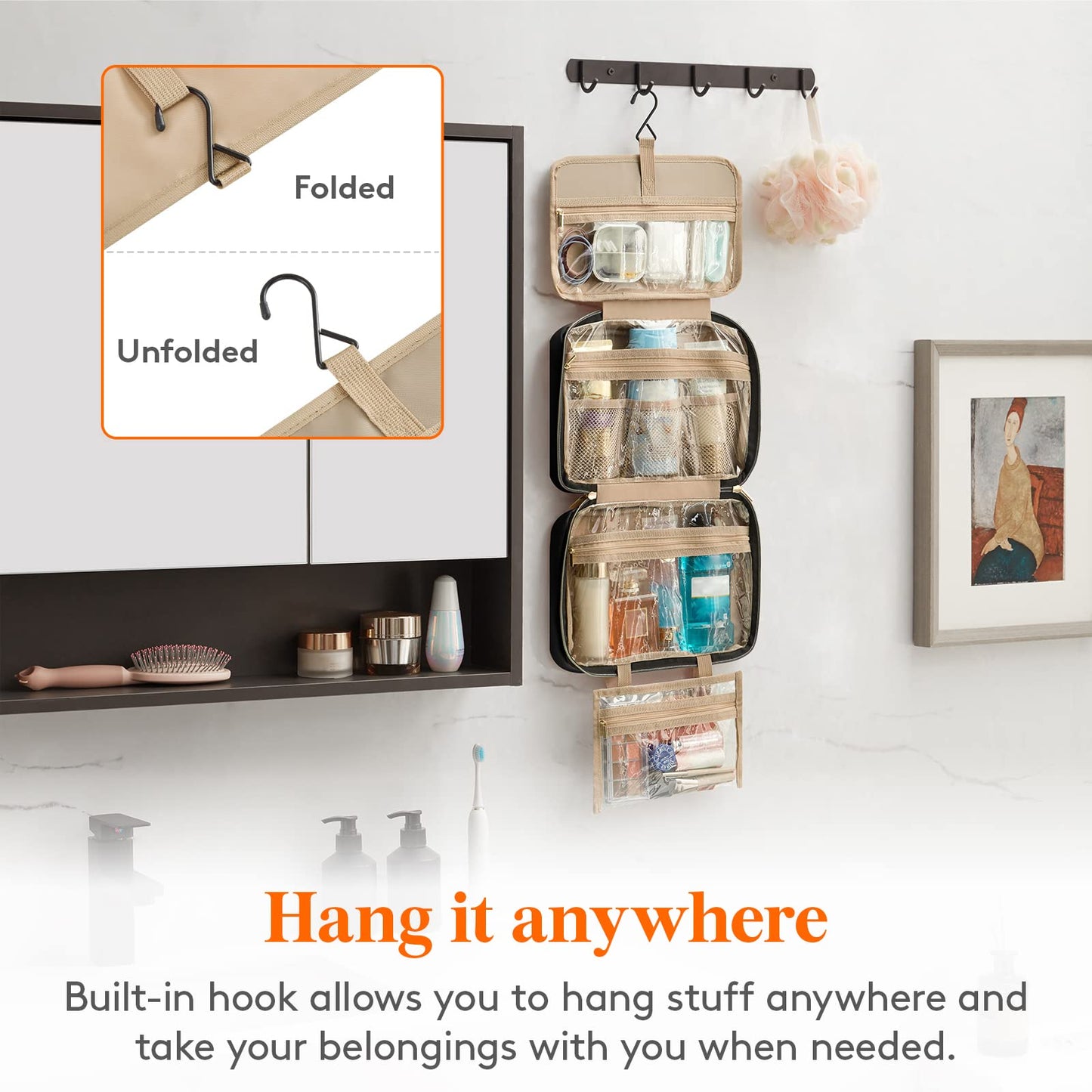 Lifewit Travel Toiletry Bag, Large Hanging Makeup Bag Organizer for Women, Transparent Travel Cosmetic Bag with Hanging Hook for Full Size Bottles, Vacation Essentials, Medium, Black
