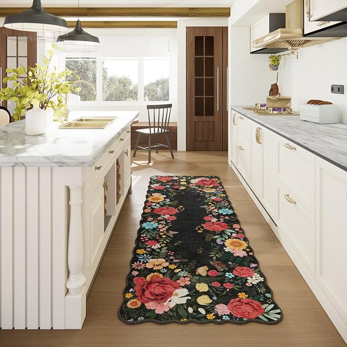 Kitchen Rug Runners for Hallways: 2'6''x8' Washable Runner Rugs for Kitchen Ultra Thin Stain Resistant Non Slip Low Pile Lightweight Vintage Floral Carpet for Laundry Room Decor (Black)