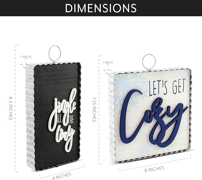 AuldHome Design Reversible Christmas/Winter Sign Set (2-Piece Set w/ 4 Designs); Holiday and Seasonal Block Signs w/ Rustic Farmhouse Galvanized Frames