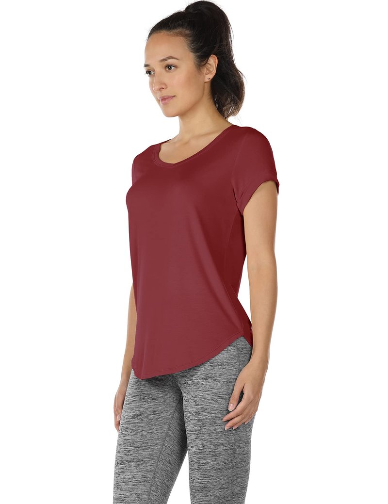 icyzone Open Back Yoga Shirts for Women - Exercise Workout Tops, Athletic Short Sleeves, Running T-Shirts Loose Fit (M, Wine)