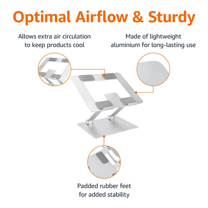Amazon Basics Sturdy and Portable Ergonomic Laptop Stand for Desk, Adjustable Riser, Fits all Laptops and Notebooks up to 17.3 Inch, Silver, 10 x 8.7 x 6 in