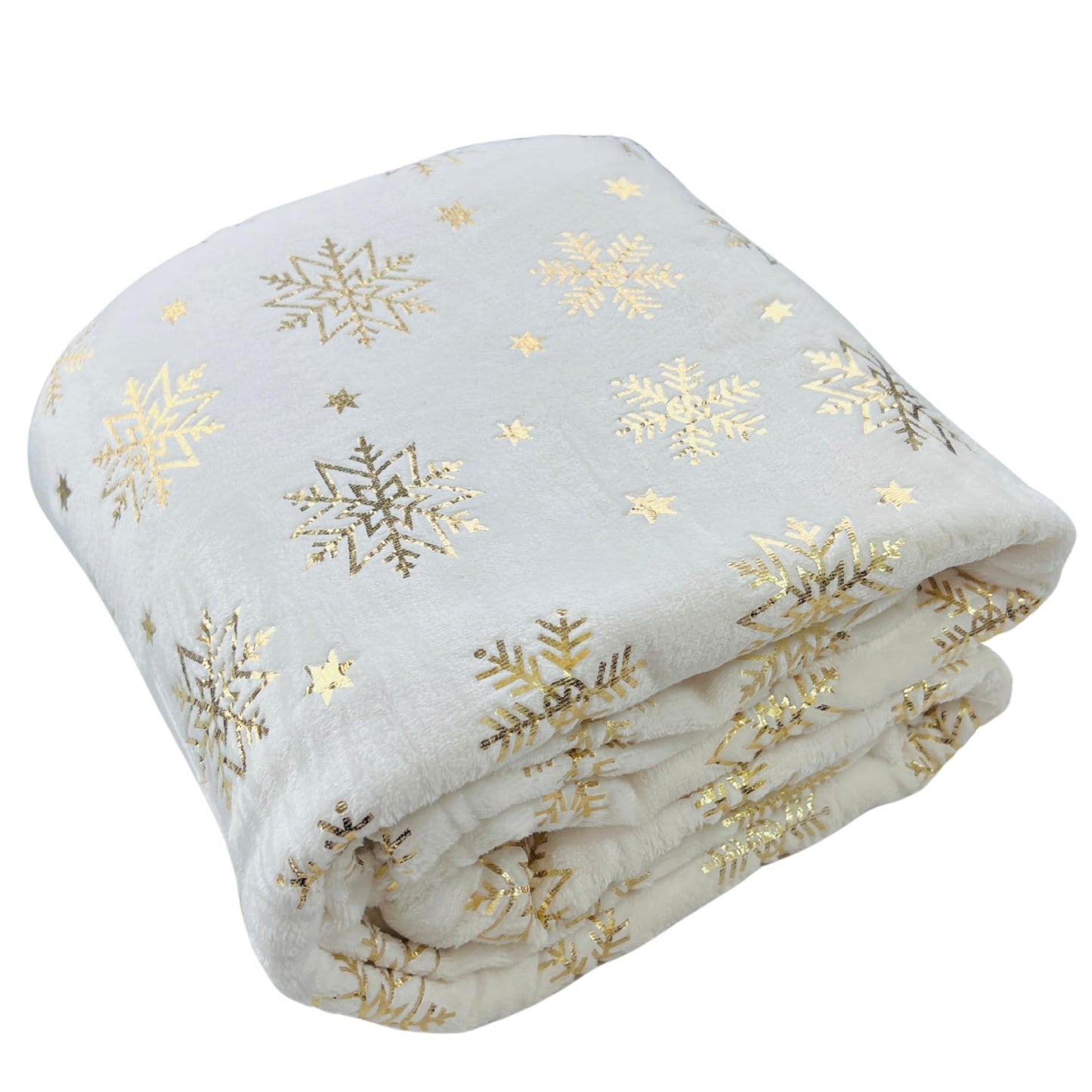 Winter Holiday Christmas Fleece Throw Blanket: Velvety Soft, Gold Snowflakes Stars Design, Durable Accent for Bed or Couch, Oversized 50 x 70 inches