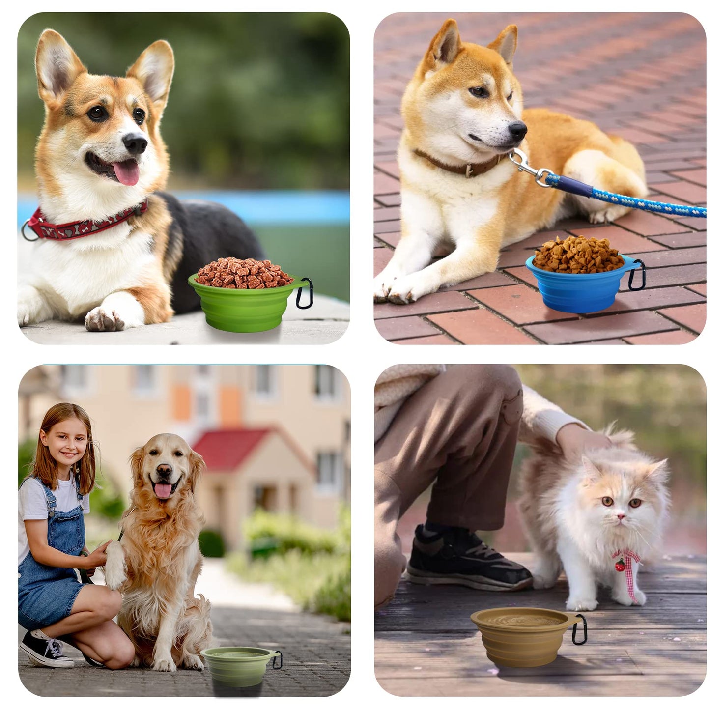 PetBonus 2-Pack Silicone Collapsible Dog Bowls, BPA Free Dishwasher Safe, Portable Foldable Expandable Travel Bowl, Food Water Feeding Cup Dish for Dogs Cats with 2 Carabiners (Turquoise, Tan)