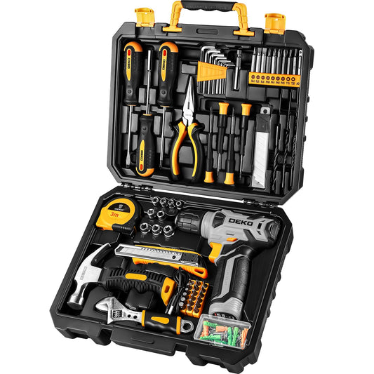 DEKOPRO Tool Set：Tool Kit with 8V Cordless Drill,Tool Box with Drill,Hand Drill Set for Men & Women,Home Tool Kits for House Repair,Handyman,DIY 126 Piece