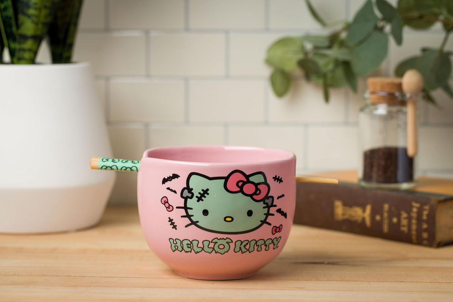Silver Buffalo Sanrio Hello Kitty Halloween Spooky Frankenstein Ceramic Ramen Bowl with Chopsticks, Microwave Safe, 20 Ounces