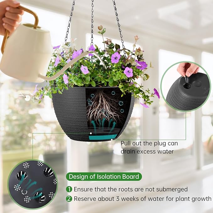 Set of 2 10 Inch Self Watering Hanging Planters for Indoor Outdoor Plants, Light Textured Hanging Baskets Flower Pots with Drainage Hole & Plug and 20" Chain Hanger
