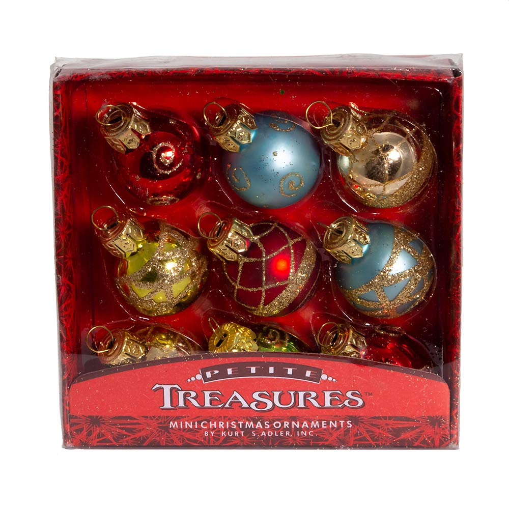 Kurt Adler Petite Treasures Multi Color Ball Christmas Ornament, Set of 9, 1 inch (C1899)