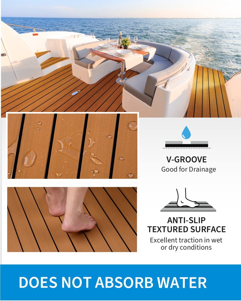 OCEANBROAD Self-Adhesive 48''x16.8'' Boat Flooring with 3M Adhesive Backing EVA Foam Boat Decking Faux Teak Marine Non-Slip Sheet for Jon Motor Boats Yacht Helm Pad Floor, Brown with Black Seam Lines