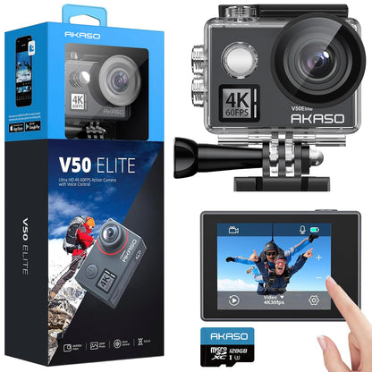 AKASO V50 Elite 4K60fps Action Camera with 128GB MicroSDXC U3 Memory Card Accessories Kit Bundle Voice Control EIS 131 feet Waterproof Camera 8X Zoom Remote Control