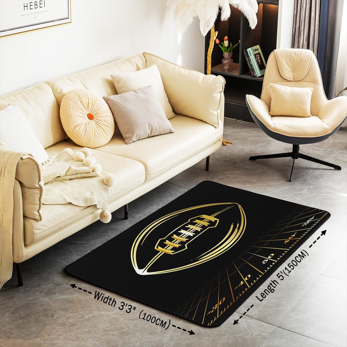 jejeloiu Football Area Rug 4x5 Black Gold Rugby Ball Game Rug for Living Room Bedroom Soft Sports Theme Decorative Carpet Rug Indoor Floor Mat Accent Rug for Playing Room Kitchen Home