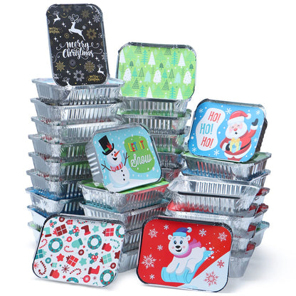 JOYIN 36 Pcs Christmas Cookie Tins with Lids for Gift Giving, Rectangle Treat Foil Exchange Containers, 7"x5"x2" Disposable Food Storage Pan for Holiday Leftovers Goodie Container