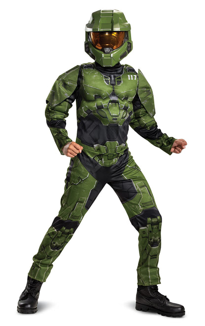 Halo Infinite Master Chief Costume, Kids Size Muscle Padded Video Game Inspired Character Jumpsuit, Child Size Large (10-12), Green & Black