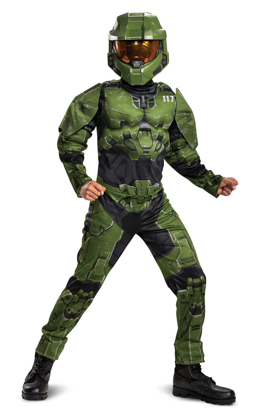 Halo Infinite Master Chief Costume, Kids Size Muscle Padded Video Game Inspired Character Jumpsuit, Child Size Large (10-12), Green & Black
