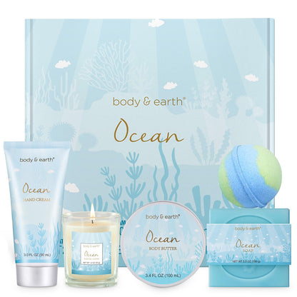 Gifts for Women, Bath and Body Womens Gift Sets with 5 Pcs Ocean Scented Spa Gifts for Women Bath Gift with Scented Candle Body Butter Hand Cream Bath Bomb Christmas Gifts