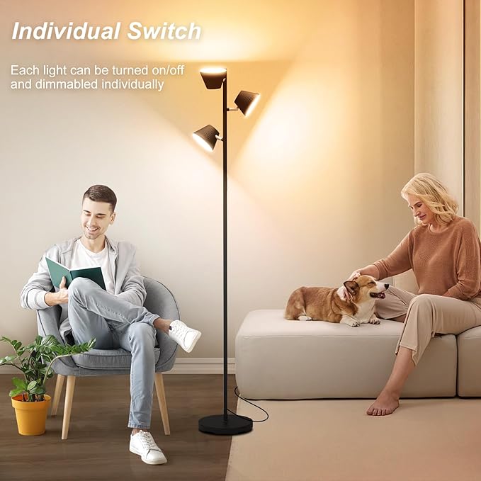 42W 4500 Lumens Super Bright LED Tree Floor Lamp for Living Rome with Remote & Touch Control, 4 Color Temperatures, Modern Stepless Dimmable 3 Rotatable Light Standing Floor Lamps for Bedroom, Black