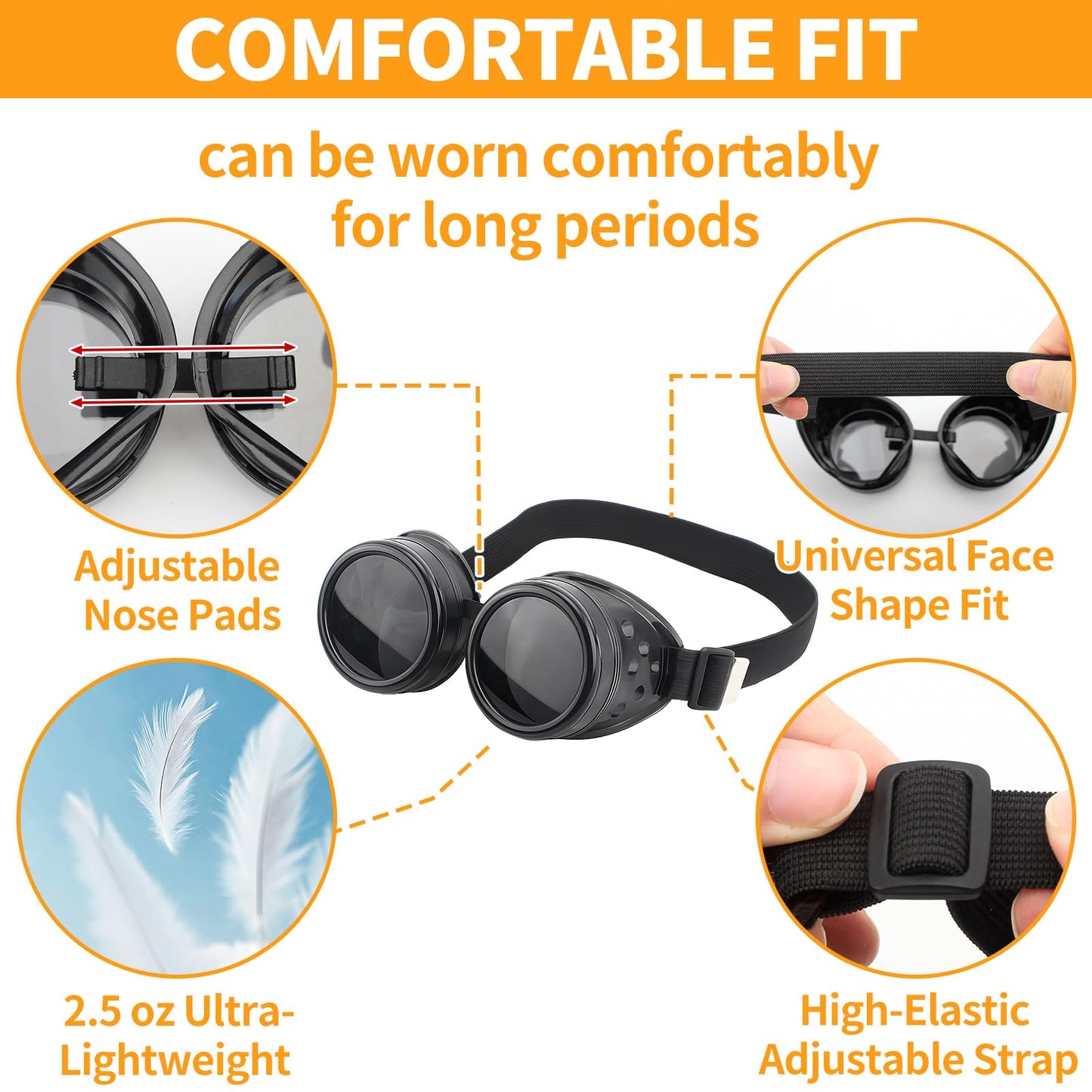 TamBee Costume Goggle Steam Punk Glasses Costume Cosplay Goggles Steampunk Accessories - Round Goggle, Black Lens, Elastic Band, for Halloween Party, Women, Men (1 Black + 1 Copper)