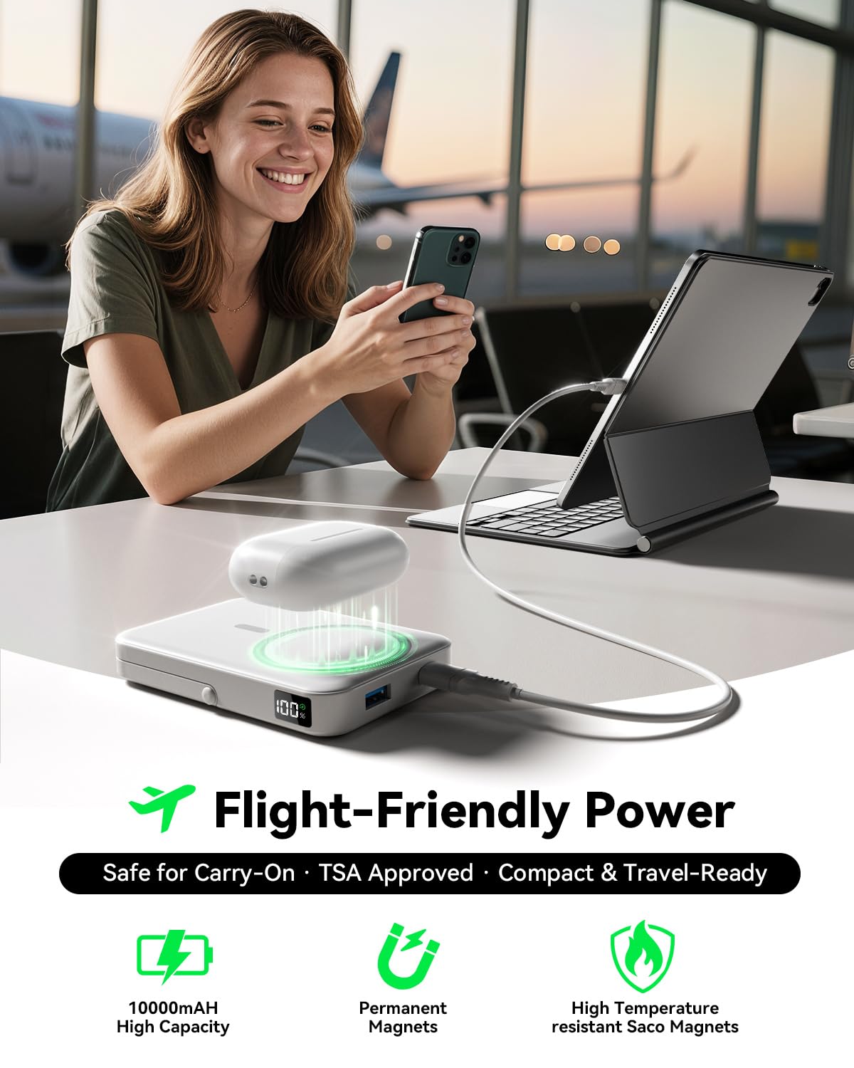 for Magsafe Battery Pack 10000mAh Power Bank with Foldable Stand Portable Charger,PD 22.5W Fast Charge,Travel Essential Wireless Charger for iPhone 17/16/15/14/13/12 Series–Black