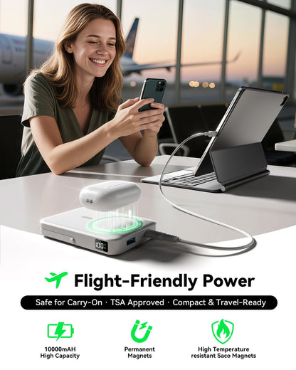 for Magsafe Battery Pack 10000mAh Power Bank with Foldable Stand Portable Charger,PD 22.5W Fast Charge,Travel Essential Wireless Charger for iPhone 17/16/15/14/13/12 Series–Black