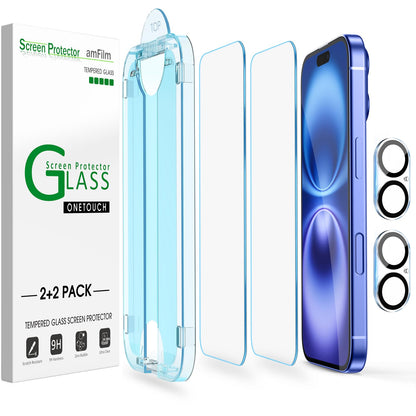 amFilm Easiest Installation OneTouch for iPhone 15 Pro Max Screen Protector [6.7 Inch] Tempered Glass + Camera Lens Protector, Auto-Alignment Tech, Bubble Free, Case Friendly, Anti-Scratch [2+2 Pack]