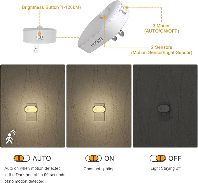 Lyridz Plug in Night Light with Motion Sensor, 120LM Superior Bright Smart Mini LED Nightlight, Warm White with Stepless Adjustable Brightness for Bathroom, Bedroom, Kitchen, Stairs, Hallway, 2 Pack