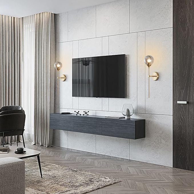 KCO Mid-Century Modern Wall Mounted Sconces Set of 2 Smoke Gray Glass Globe Wall Lamps with Long Arm Industrial Gold Wall Lights Fixture for Bedroom Bedside Stairway Hallway